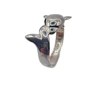 Vintage Dolphin Hinged Cuff Bracelet Rhinestone Eye Silver Tone
